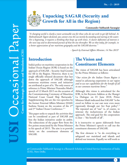 Unpacking SAGAR (Security and Growth for All in the Region) (Vol No. 2-2019) 